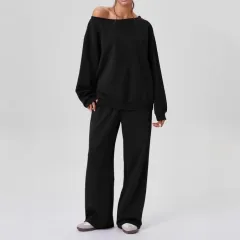 Oblique Shoulder Design Sense Sports Style Leisure Two-piece Set - Black - View 1