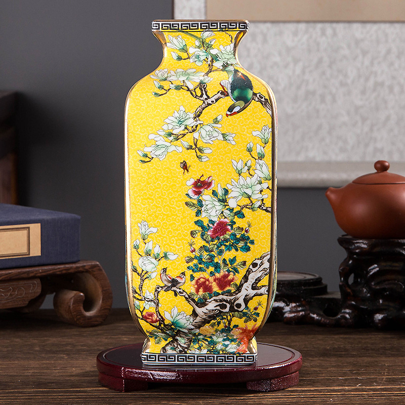 Flower, Bird And Tree Enamel Square Bottle Chinese Style