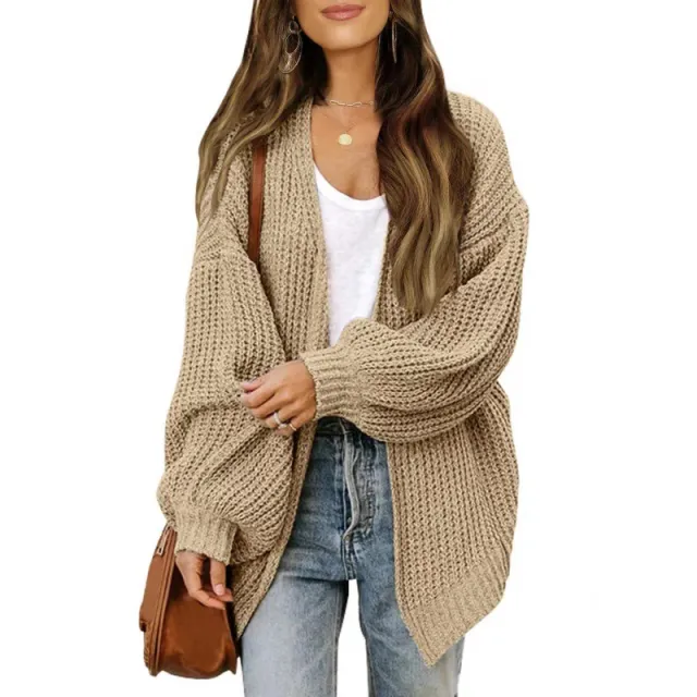 Loose Retro Sweater Coat Women's Mid length Knitted Cardigan Khaki - Shop at LoveMi