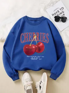 Fashion Women's Sweatshirt Fresh Red Cherry Printed Sweater - Blue - View 1