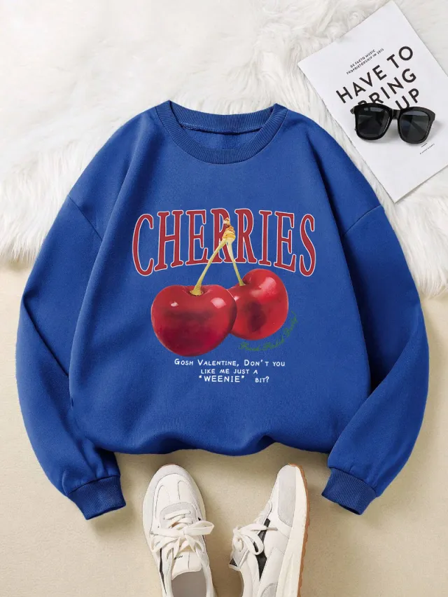 Fashion Women's Sweatshirt Fresh Red Cherry Printed Sweater Blue - Shop at LoveMi