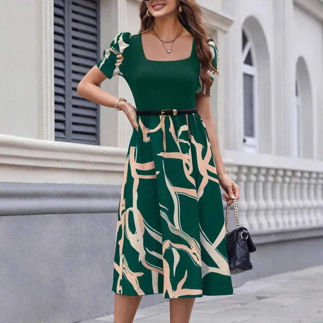 Commuting Knit Printed Stretch Square Neck Slim Short Sleeve Puff Sleeve Dress Green - Shop at LoveMi