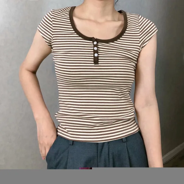 All match Brown Striped Three button Slim fit Short sleeved T shirt Brown - Shop at LoveMi