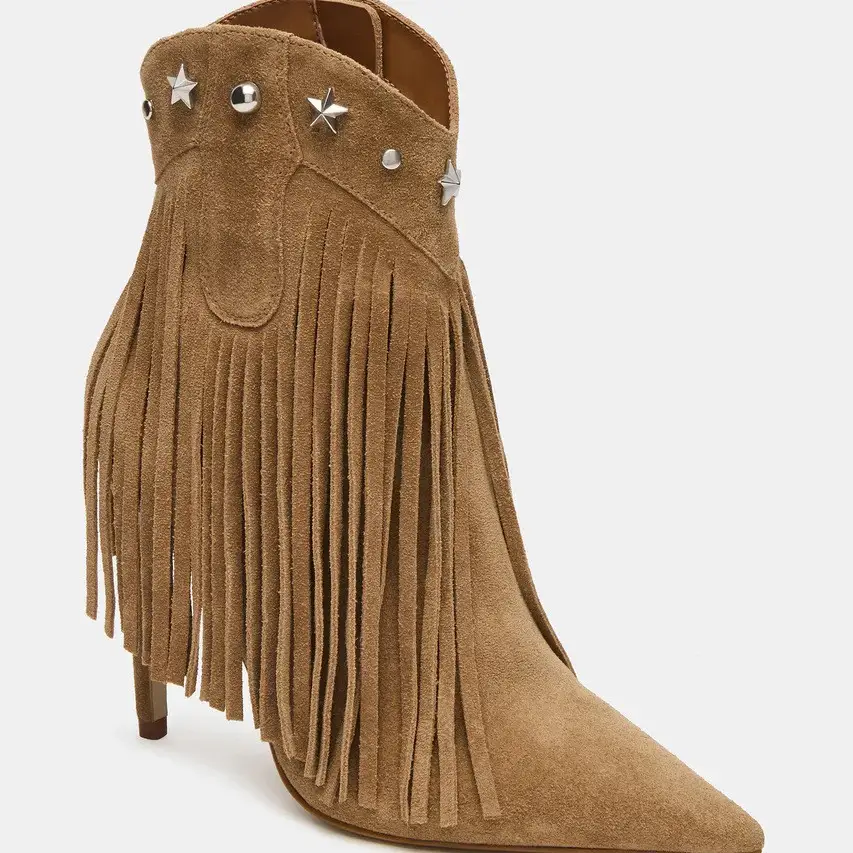 Fringed Studded High-heeled Pointed-toe Ankle Boots With A Side Zipper