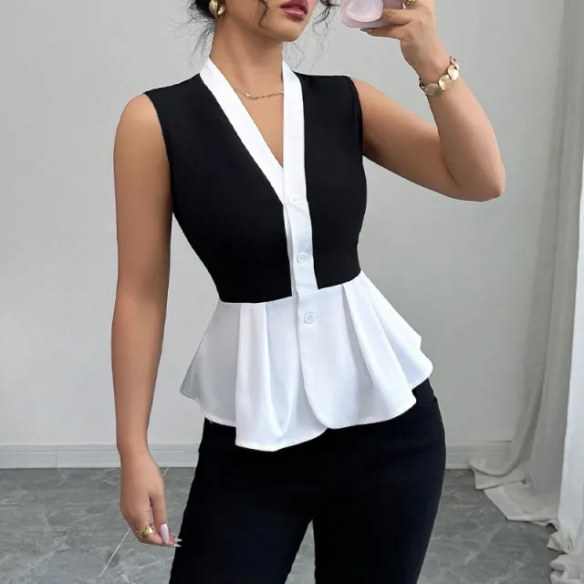 Women's Sleeveless False two piece Shirt Black And White - Shop at LoveMi