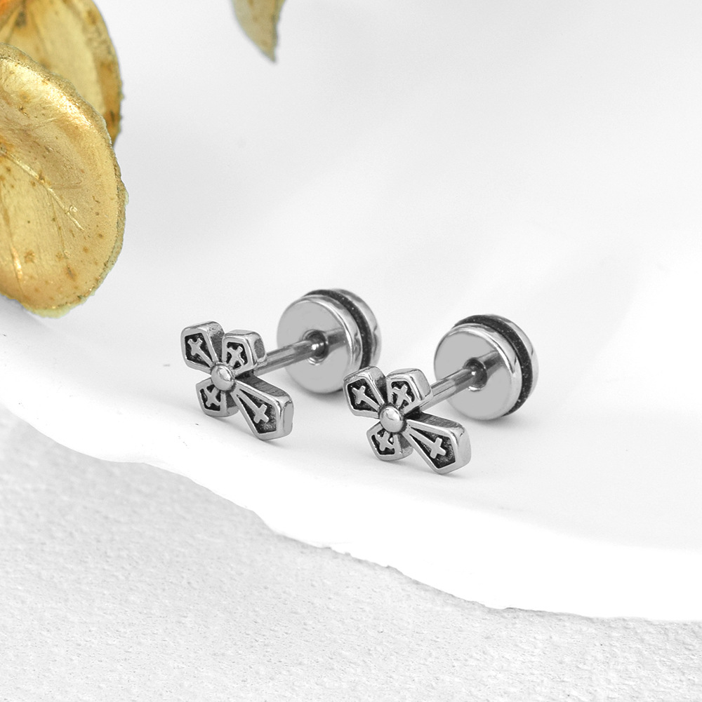 Stainless Steel Dark Cross Floral Stud Earrings