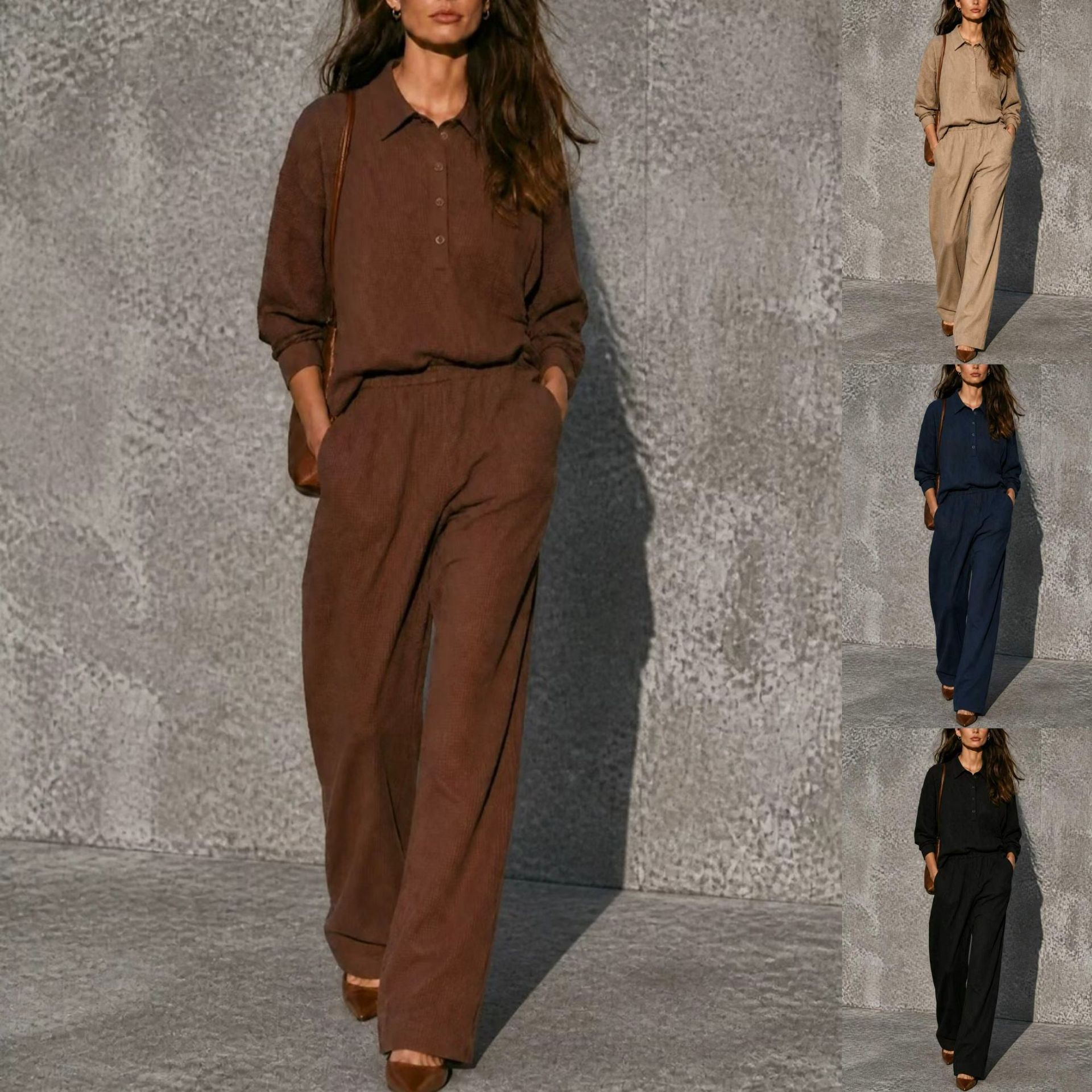 Womens Waffle-Weave Buttoned Wide-Leg Pants Set