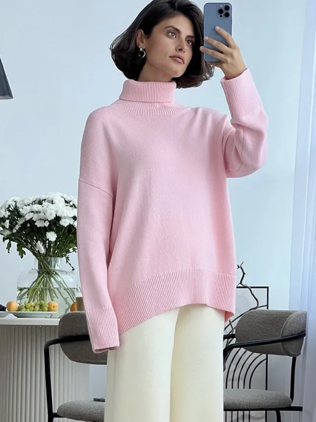 Women's Multi color Turtleneck Solid Color Sweater Loose Pullover Stand Collar Pink - Shop at LoveMi
