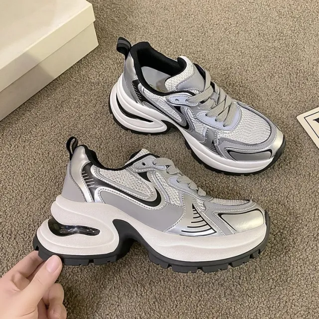 Thick Bottom Increased By Authentic Leather Clunky Sneakers Silver - Shop at LoveMi