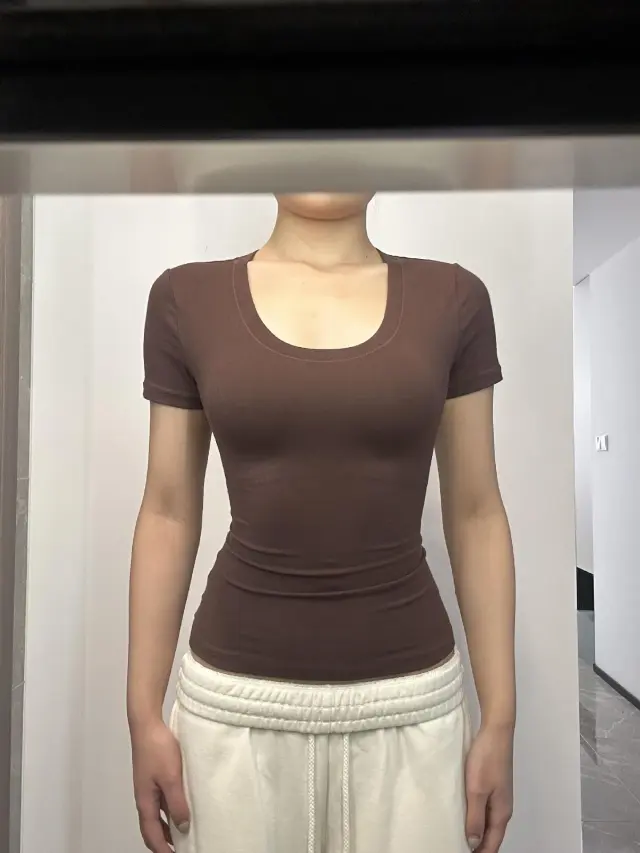 American U collar Tight Waist Sports Shoulder Short Sleeve Brown - Shop at LoveMi