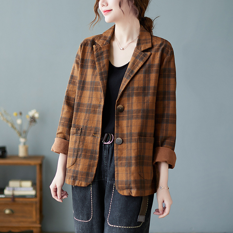 Plaid Cotton Suit Short Coat Brown - Shop at LoveMi