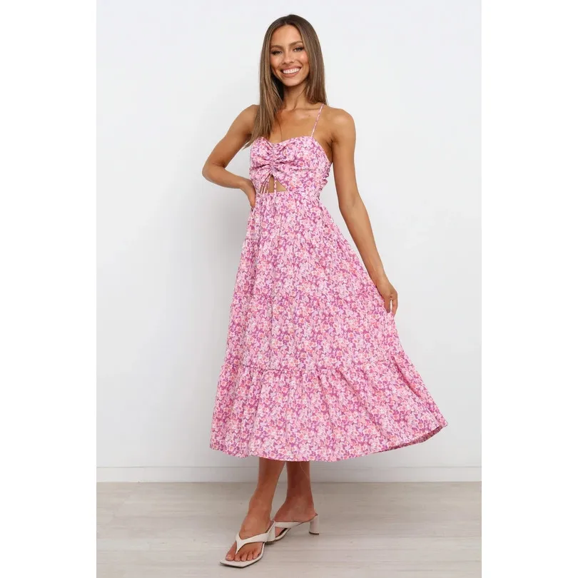 Small Floral Print Sweet Spaghetti-strap Dress - Pink