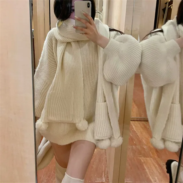 Christmas Red Sweater Women's Scarf Pullover Sweater Creamy White - Shop at LoveMi