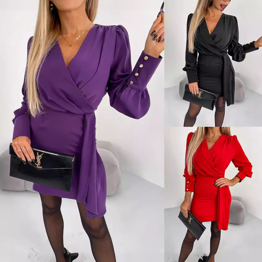 Solid Color Long Sleeve V-neck Zipper Dress Women