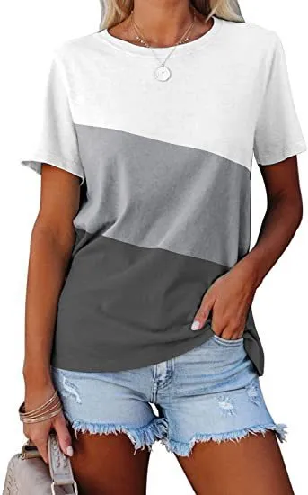 Spring And Summer Color block Crew Neck Loose Casual Short sleeved T shirt White And Gray - Shop at LoveMi