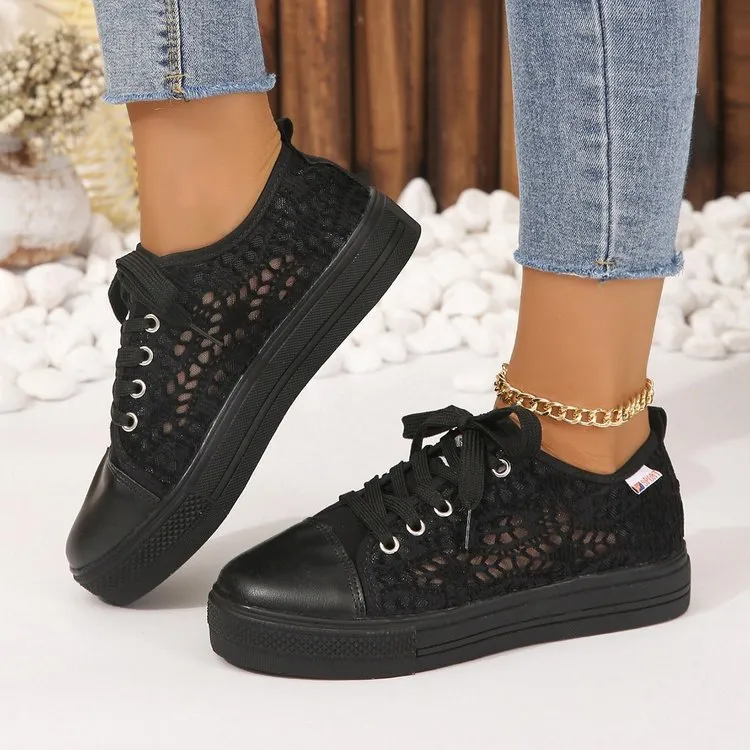 European And American Hollow Mesh Breathable Platform Thick Bottom Leisure Pumps - Black