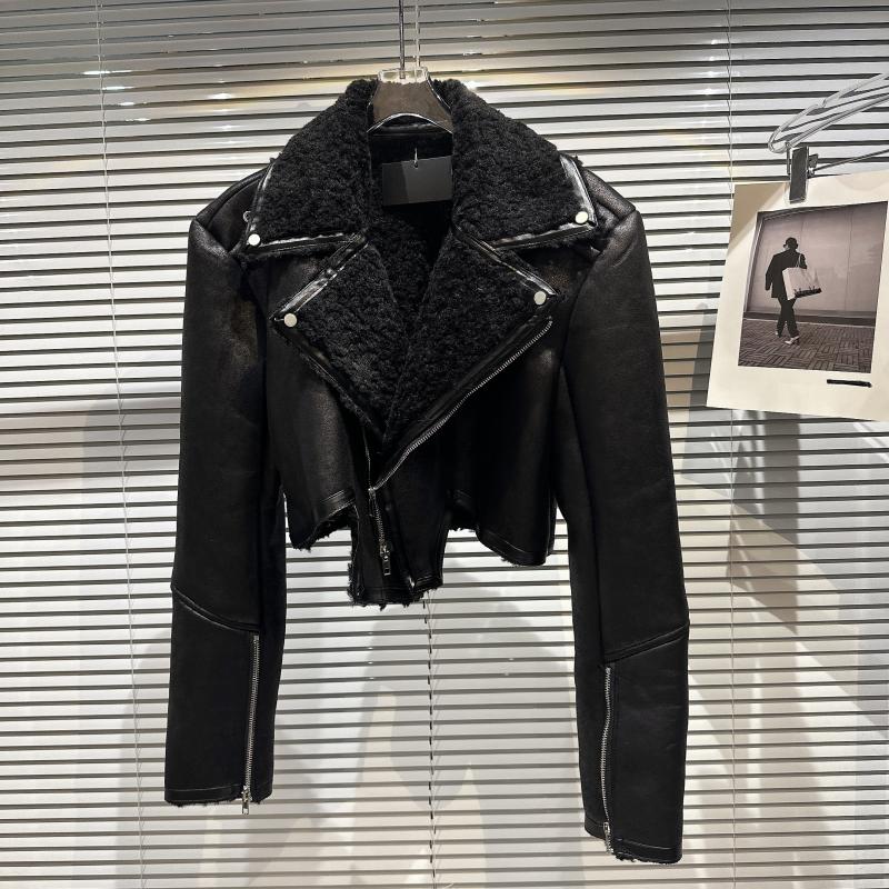Lapel Fur Leather Coat Autumn Motorcycle Winter Jacket Coat Black - Shop at LoveMi