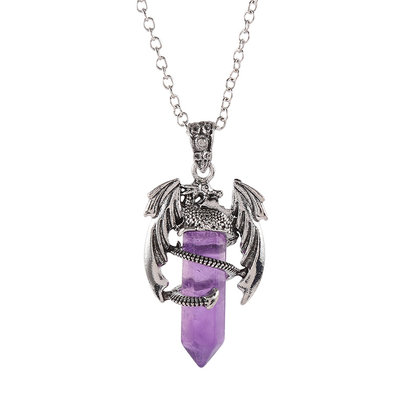 Natural Amethyst Crystal White Crystal Flying Dragon Pendant Pterosaur Hexagon Prism Necklace Ornament
