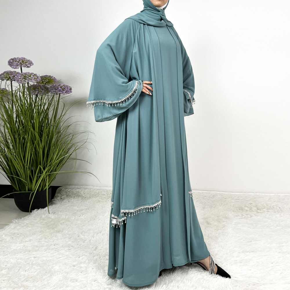 Chiffon Rhinestone Strip Large Bell Sleeve Robe Dress