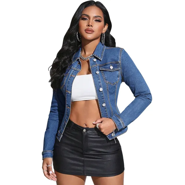 Long Sleeve Lapel Pocket Denim Jacket Blue - Shop at LoveMi
