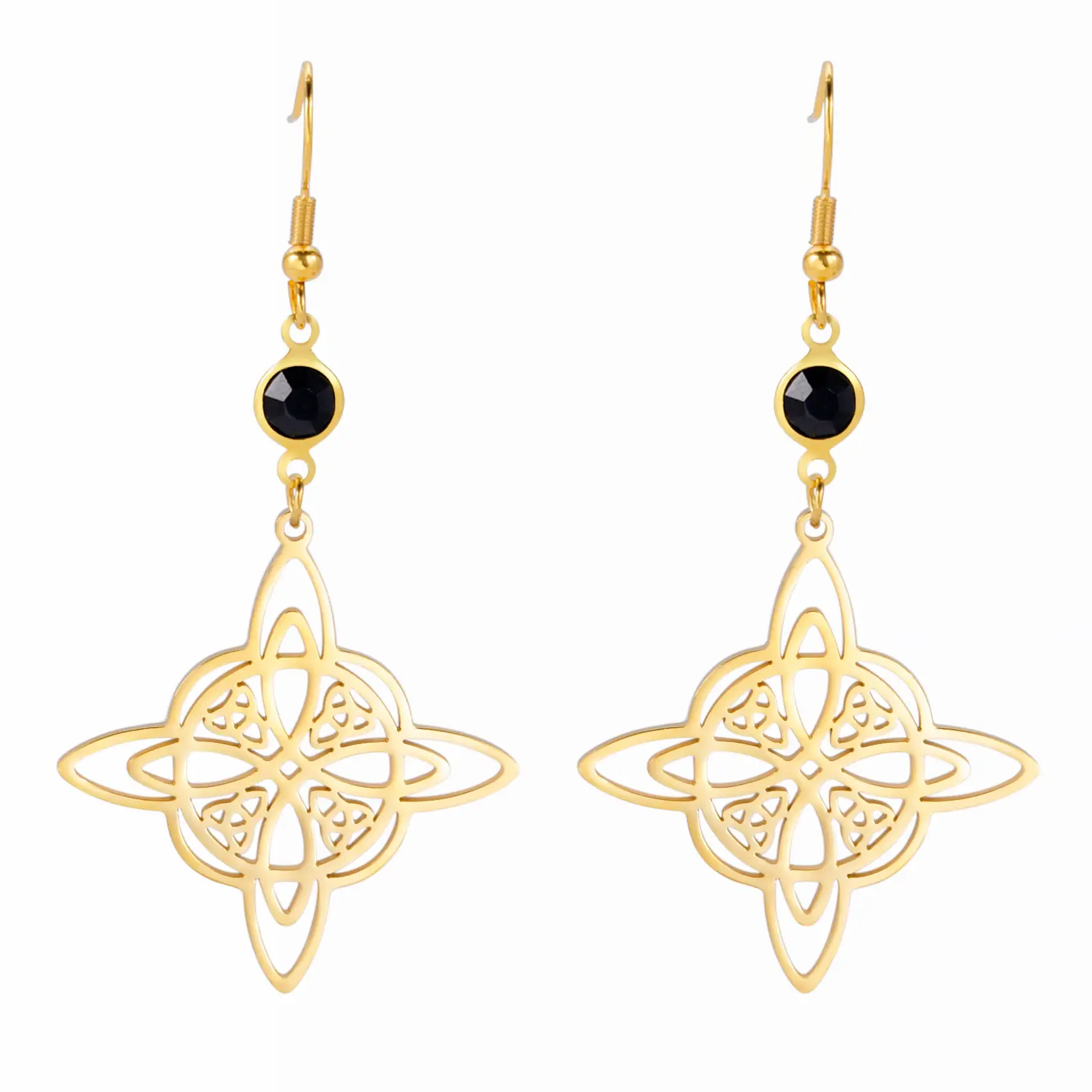 Black Crystal Witch Knot Shape Pendant Stainless Steel Earrings