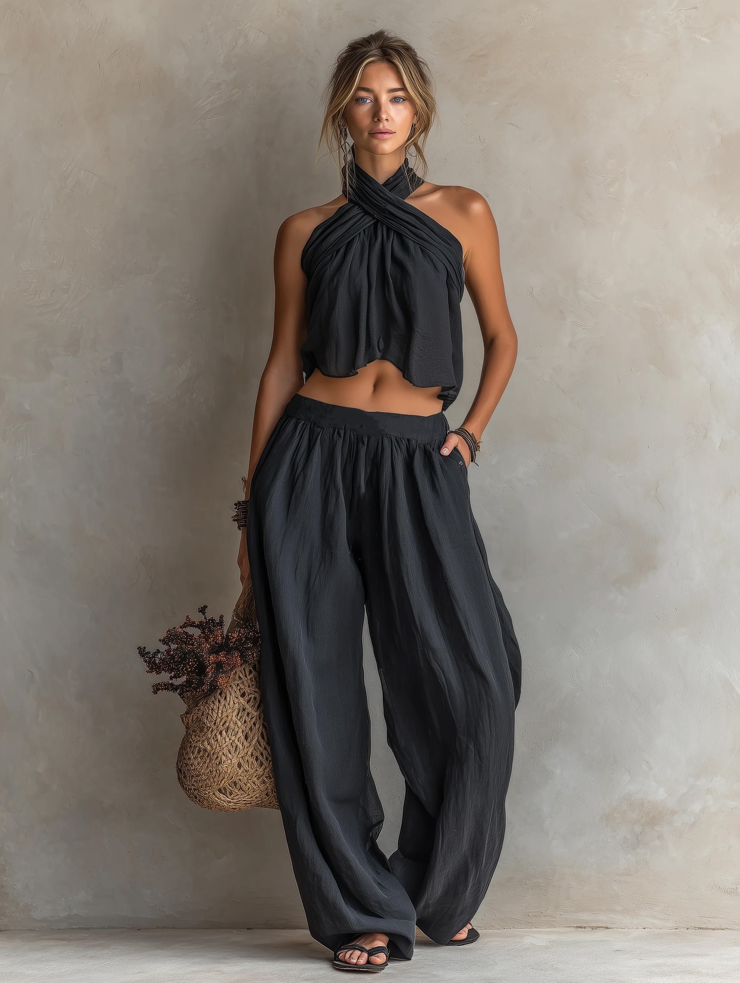 Women's Loose Sleeveless Top and Wide-Leg Pants Set – Front View