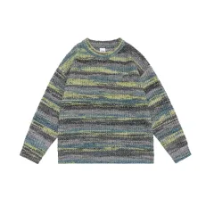 Gradient Colour Trendy Round Neck Striped Knitted Sweater - Greyish Yellow - View 1