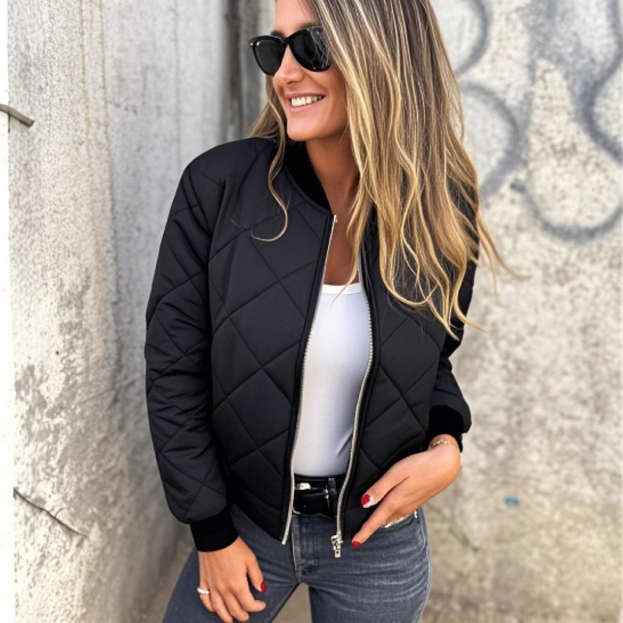 Long-sleeve Diamond-quilted Zip-up Cotton Jacket