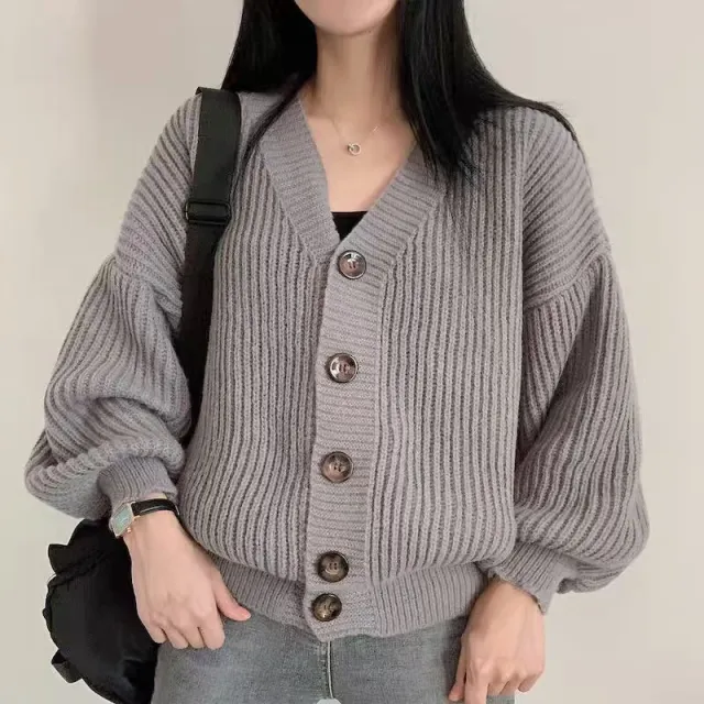 Korean Style V neck Solid Color Dinified Sweater Coat Gray - Shop at LoveMi