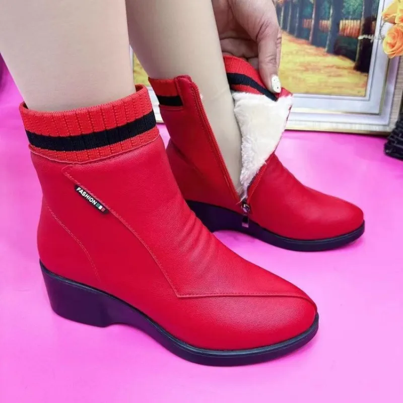 Adult Soft Leather Women's Ankle Boots - Red
