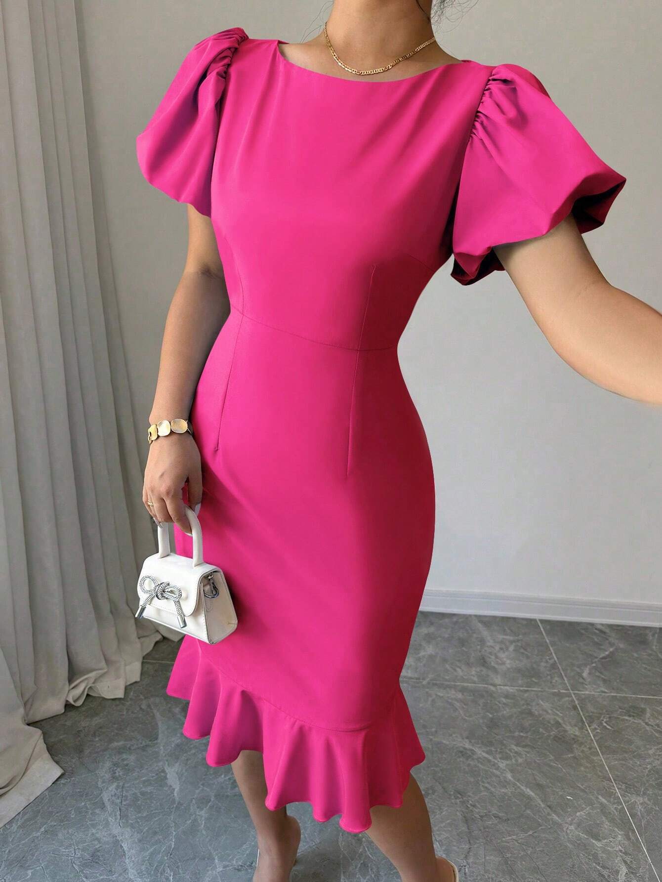 Round Neck Lantern Sleeve Ruffled Elegant Fishtail Skirt Rose - Shop at LoveMi