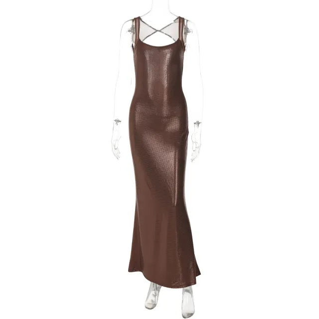 Sexy Backless Mesh Stitching Socialite Temperament Slim Dress Brown - Shop at LoveMi