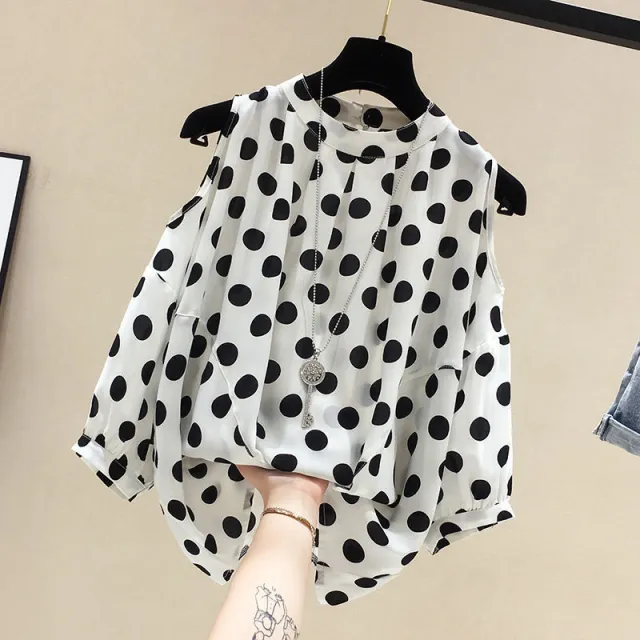 Loose fitting Figure flattering Polka dot Off shoulder Short sleeve Chiffon Blouse White - Shop at LoveMi
