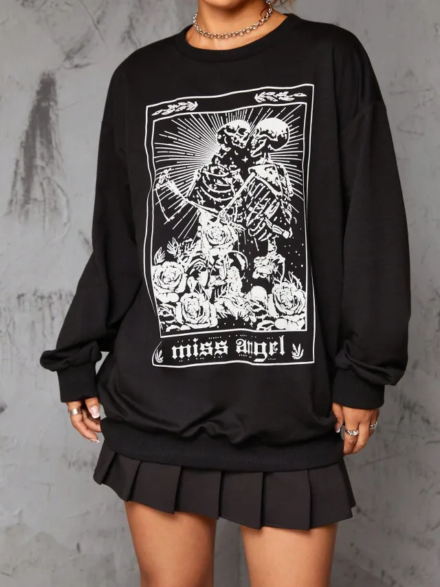 Gothic Court Women's Sweater Retro Rose Skull Long Sweater Black - Shop at LoveMi