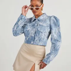 Fashion Casual Loose Floral Lace Denim Jacket - Floral - View 1