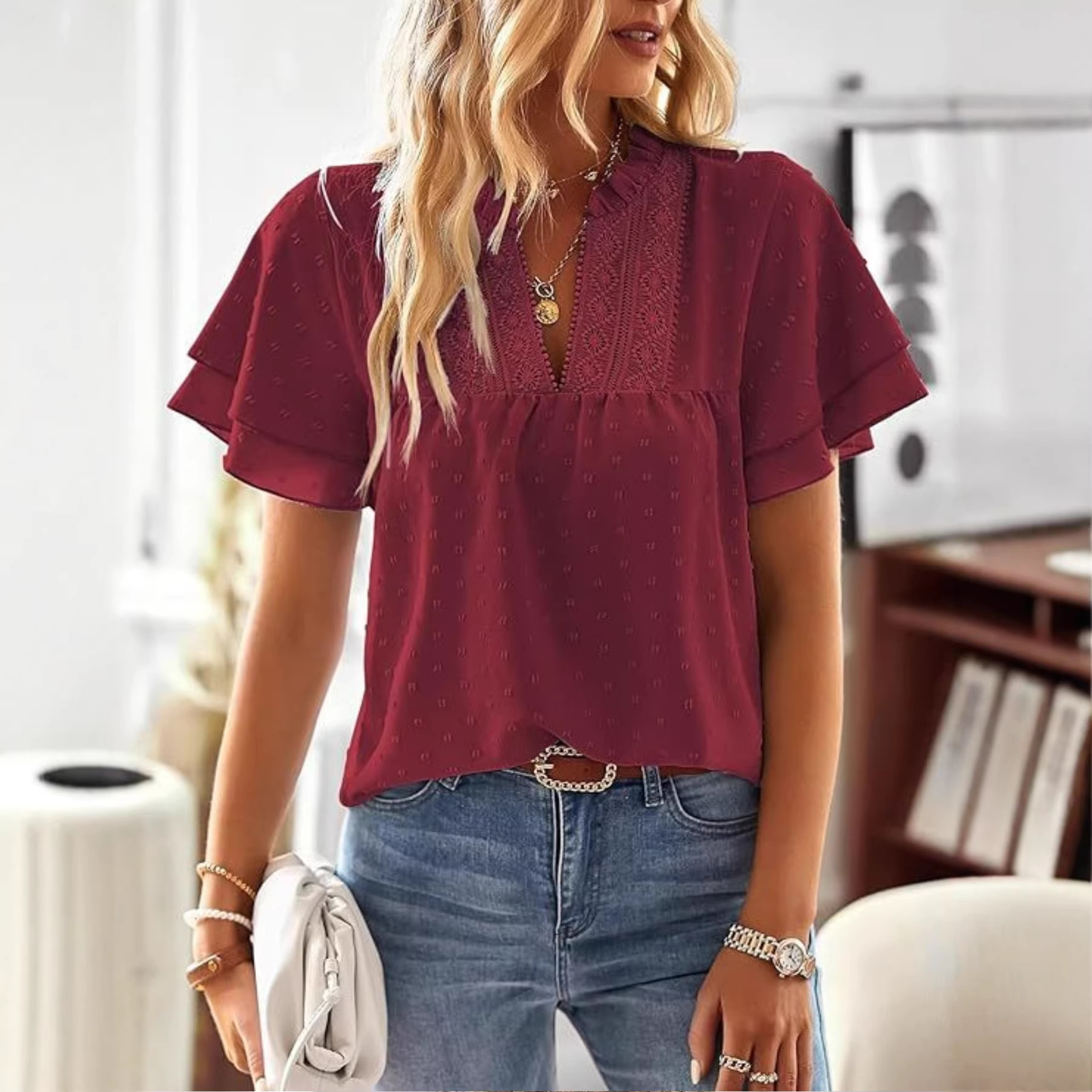 European And American Elegant Resort Style Deep V-Lace Short-Sleeve