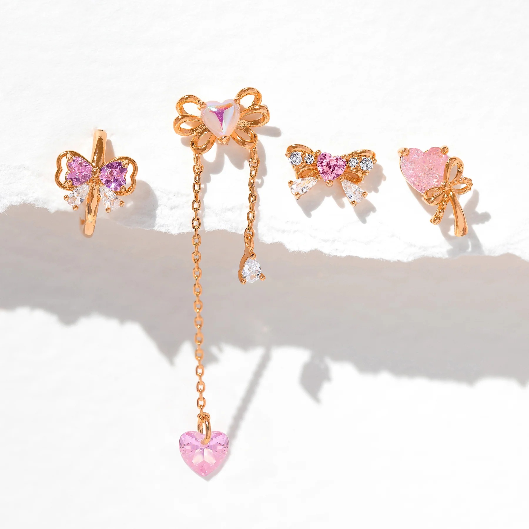 Bow Earrings Pearl Tassel Peach Heart