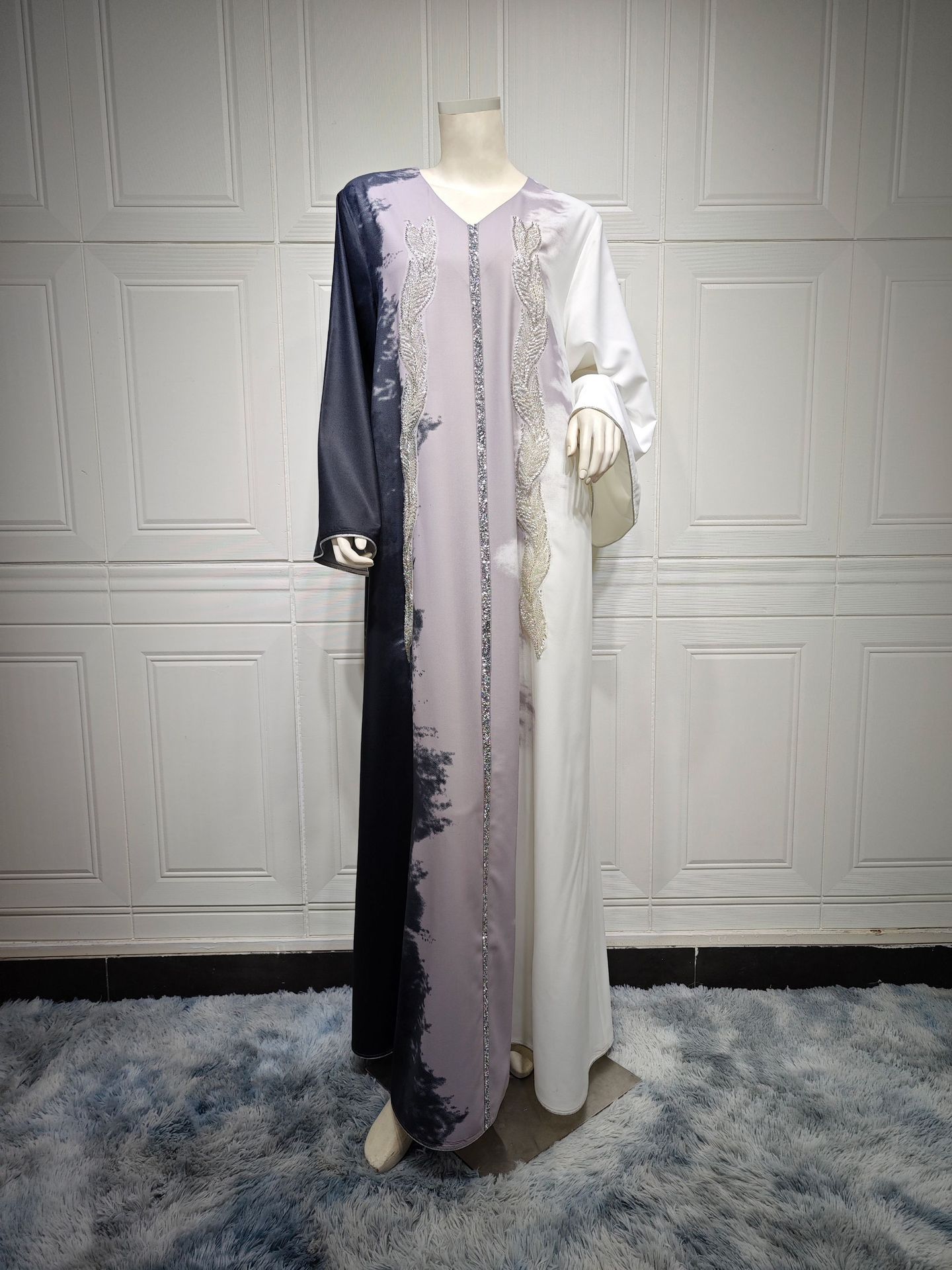 Pearl Embroidery Muslim Dress Tie dye Rhinestone Robe Black - Shop at LoveMi