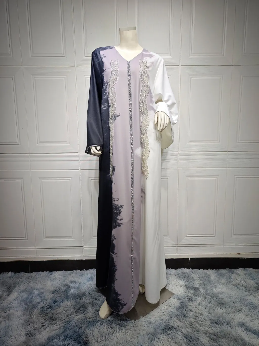 Pearl Embroidery Muslim Dress Tie-dye Rhinestone Robe - Black