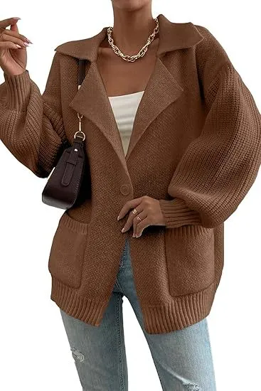 Women's Lapel Sweater Coat V neck Buttons Brown - Shop at LoveMi