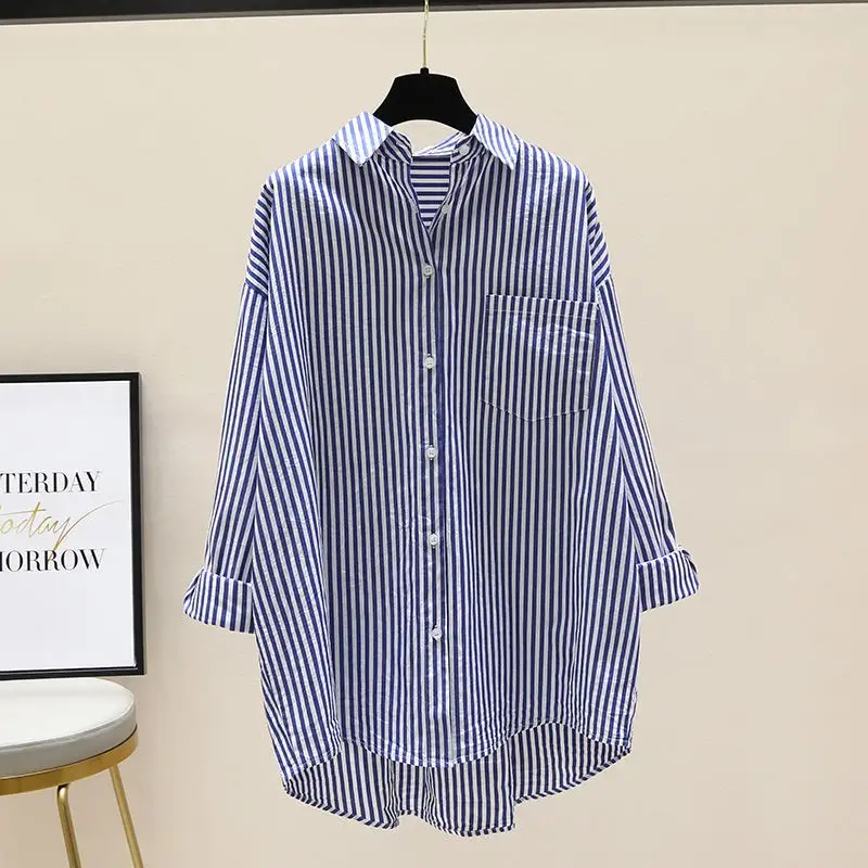 Womens Simple Casual Mid-Length Striped Shirt
