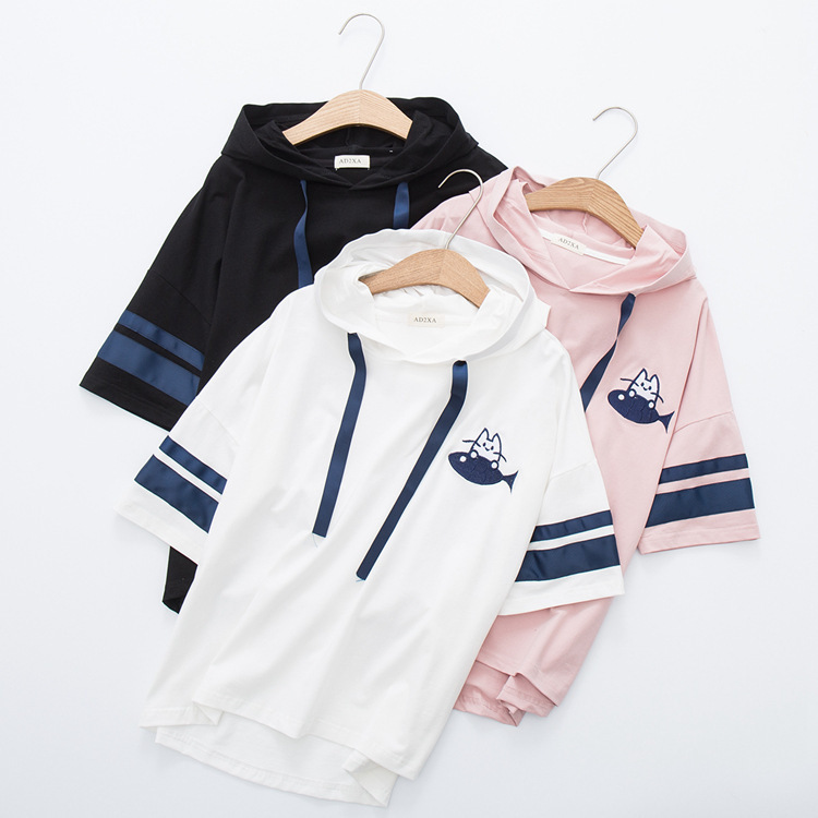 Summer College Style Cartoon Embroidered Loose Hooded Short Sleeve T-shirt