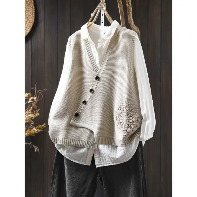 Women's V neck Cotton Knitted Vest Cardigan Beige - Shop at LoveMi