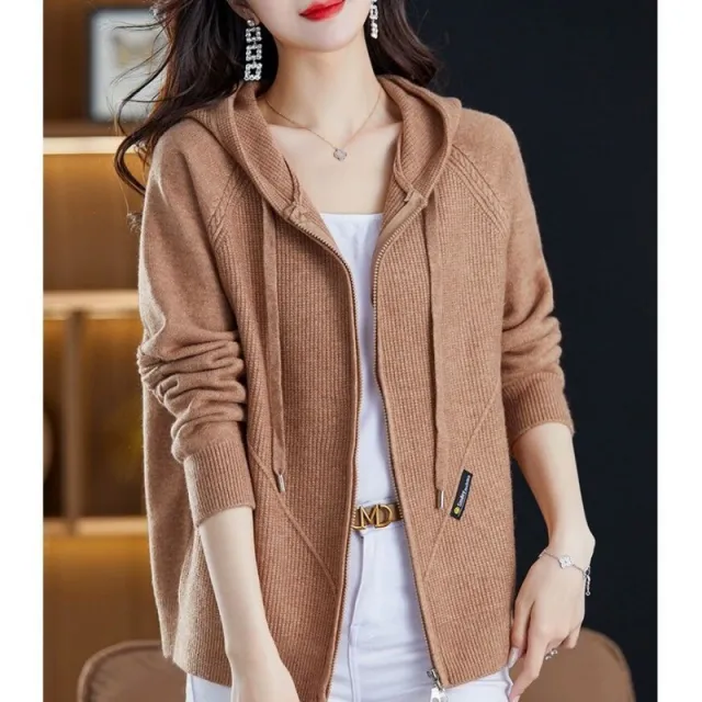 Sweater Cardigan Hooded Outer Tops Loose Casual Zipper Knitted Coat Camel - Shop at LoveMi