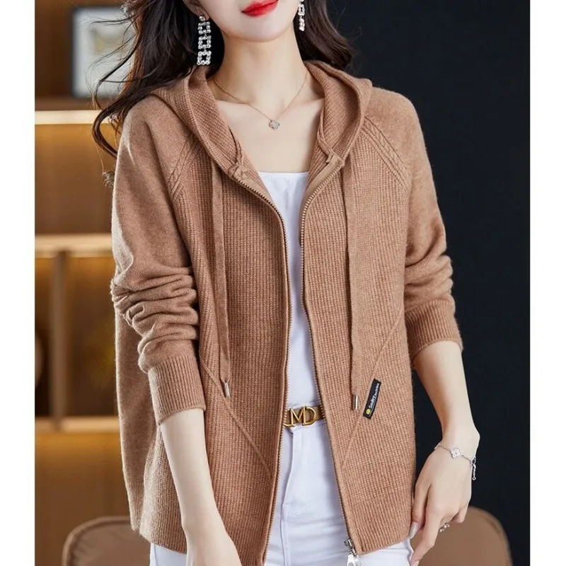 Sweater Cardigan Hooded Outer Tops Loose Casual Zipper Knitted Coat - Camel