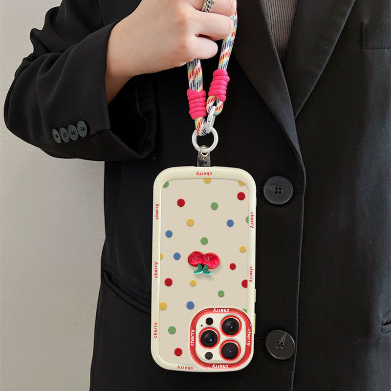 Phone Case With Lanyard Premium Feel Colorful Polka Dots And Cherries 4