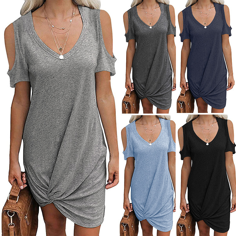 Solid-color Springsummer Off-shoulder Twisted T-shirt Dress Womens Clothing