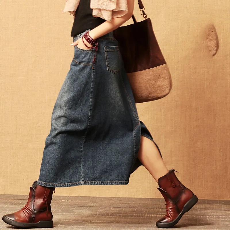 Elastic Waist Denim Skirt Women's High Waist Plus Size Denim Midi Dress Xl - Shop at LoveMi