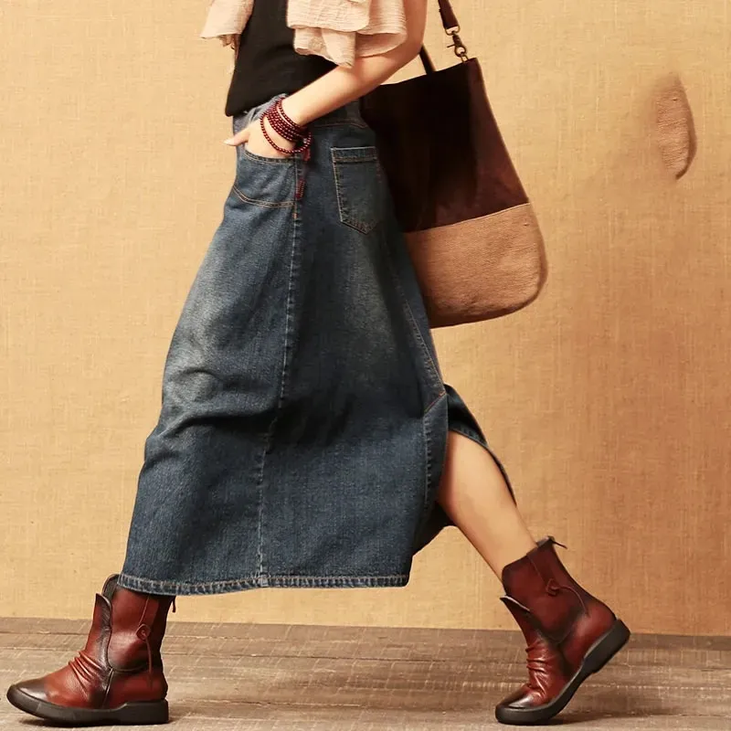 Elastic Waist Denim Skirt Women's High Waist Plus Size - Denim Midi Dress