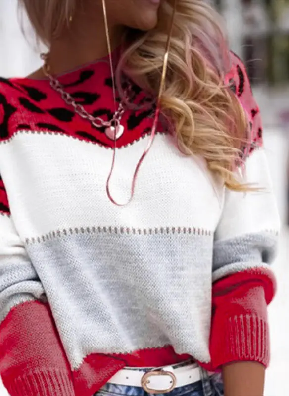 Women's Leopard Print Color block Crew Neck Casual Sweater Long Sleeve Bottoming Shirt Red - Shop at LoveMi